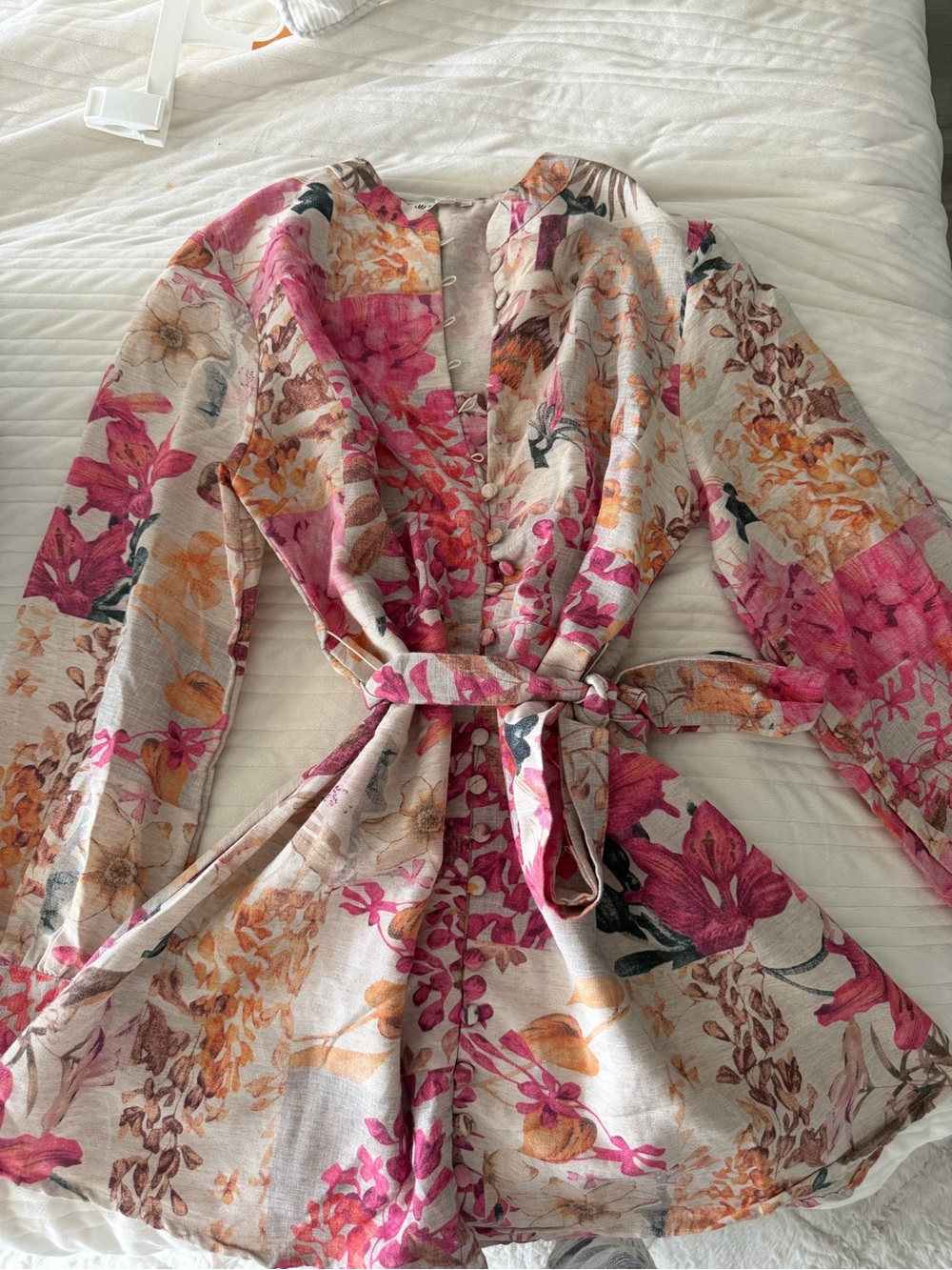 Floral Tie-Waist V-Neck Blouse - Pink & Cream